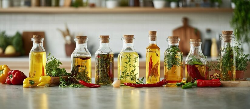 Infused Oil Bottles on a Kitchen Counter