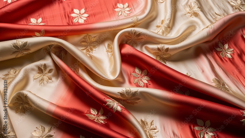 Poster Close up of a red and cream colored fabric with gold embroidery.