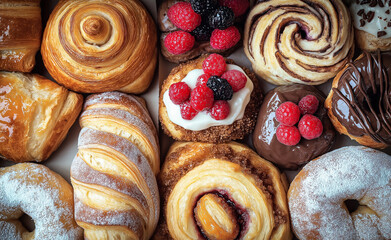 A variety of delicious pastries and baked goods arranged in a box, topped with fruits and icing. 