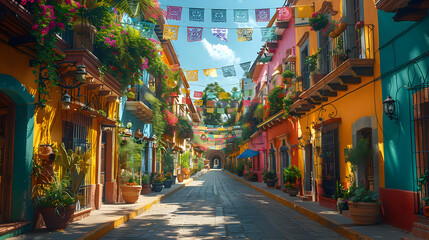 Colorful Street with Hanging Decorations - Photo