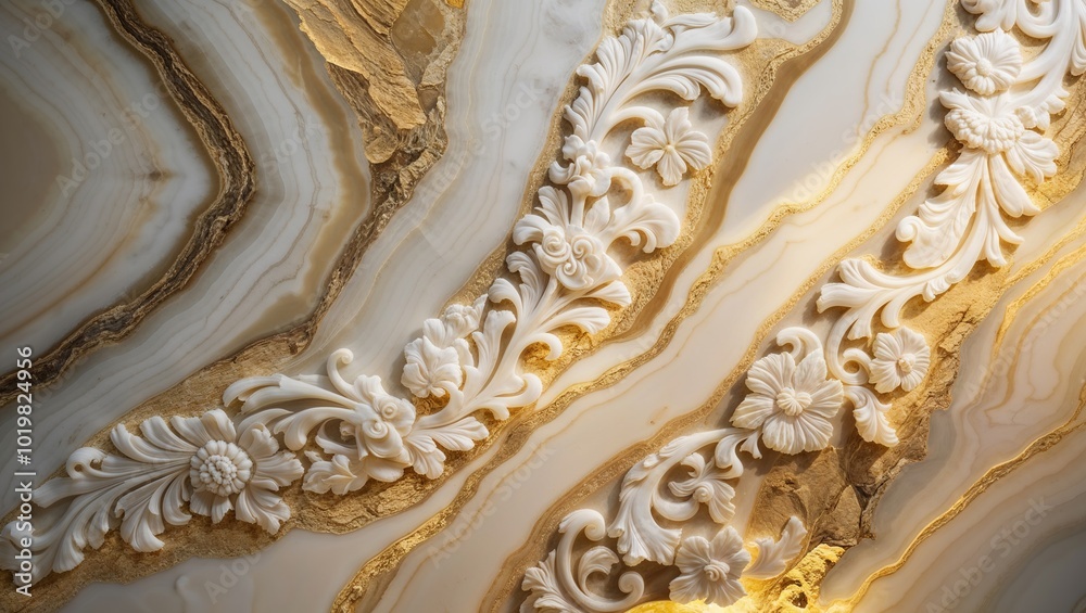 Sticker Intricate floral carvings on a white and gold marble surface.