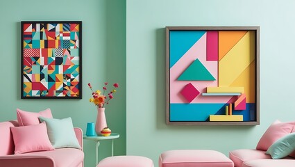 Modern Mid Century Living Room Interior In Pastel Colors. Frame mockup. Poster mockup. 3d rendering