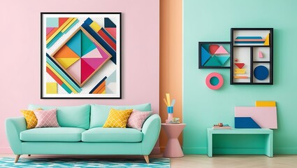 Modern Mid Century Living Room Interior In Pastel Colors. Frame mockup. Poster mockup. 3d rendering