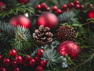 Fototapeta premium Elegant Christmas holiday background featuring traditional decorations like red ornaments, pine cones, and festive greenery, creating warm and joyful atmosphere