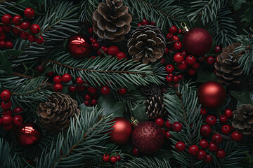 Festive Christmas holiday background showcasing red ornaments, pine cones, and evergreen branches, creating warm and joyful atmosphere for season