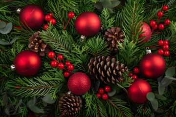 Festive Christmas holiday background showcasing red ornaments, pinecones, and greenery, creating warm and joyful atmosphere for season