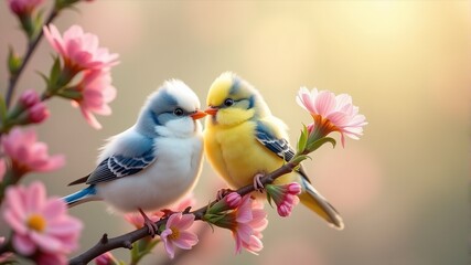 Fototapeta premium Two budgies are sitting on a branch with pink flowers.
