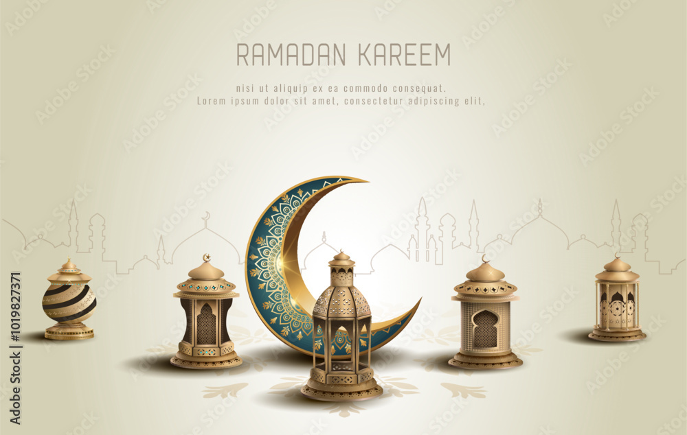 Wall mural islamic greetings ramadan kareem card design with crescent moon and gold lanterns