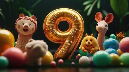Obraz premium 3D number 9, 3D animal rendering, anniversary birthday party celebration 