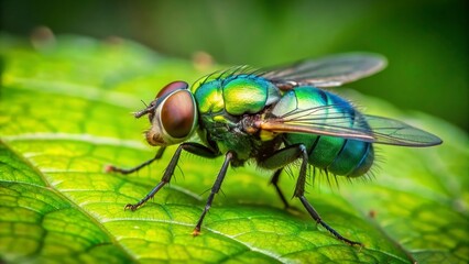 Greenbottle fly perched on green leaf , Insect, nature, wildlife, macro, close-up, colorful, vibrant, detailed, wings, bug, small