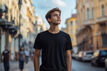 Fototapeta premium Young man in a black t-shirt looking upwards while standing on a city street