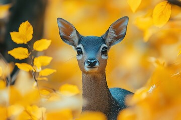 A young deer with large ears peeks out from behind yellow leaves in an autumn forest.
