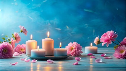 Blue background with pink flowers and lit candles , Blue, background, pink, flowers, candles, lit, romantic, atmosphere