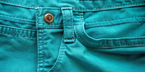 Naklejka premium Close up of turquoise jeans pants with front pocket and small pocket details , turquoise, jeans, pants, close up