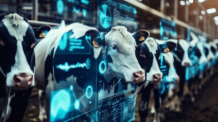 Cows lined up in a modern dairy farm with a futuristic digital data interface overlay.