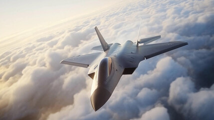 A sleek modern fighter jet flying through the clouds at high altitude.