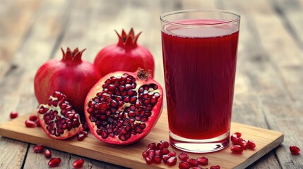 A pomegranate juice-filled glass placed next to a wooden board with halved pomegranates and scattered seeds, set against a soft, natural background