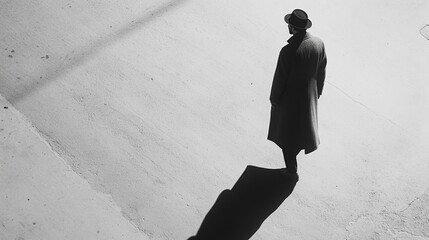 A man, his shadow cast on the ground. Minimalist black and white photography with a white background. Shoot with a large frame camera from above, high contrast and concise composition.