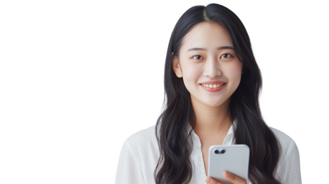 Smiling businesswoman holding blank business card in one hand, showing a friendly message to people