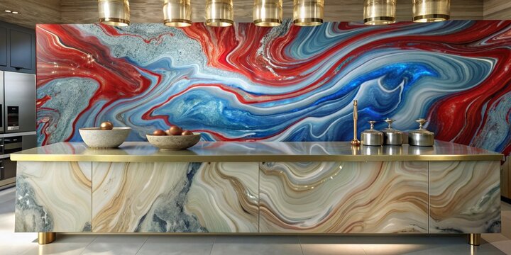 High gloss marble finish in fiery red and cool blue alcohol ink waves , marble, high gloss, fiery red, cool blue, alcohol ink