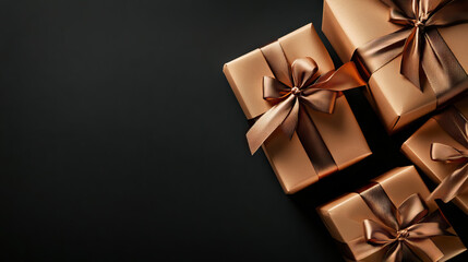 gold Gift-wrapped boxes with ribbons and bows on dark background with copy space for black friday banner.