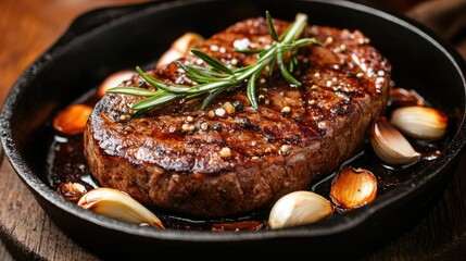 A sizzling steak on a hot cast-iron skillet, with garlic cloves and rosemary placed around, creating a rustic and hearty meal scene