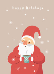 Christmas Card, Season's greetings. Cute Santa Claus with cup of tea