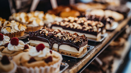 A display of assorted pastries and cakes with creamy toppings and nuts at a bakery.
