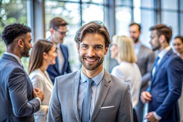 Fototapeta premium Smiling Caucasian businessman with colleagues in background professional and business casual