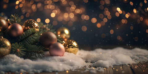 Majestic winter Christmas background features shimmering snow and bokeh, creating an elegant, pink, golden, black and magical atmosphere.