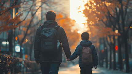 parent and elementary school student walk hand-in-hand, symbolizing love and support. The warm sunlight casts a gentle glow, highlighting their bond and the journey of learning and growth ahead