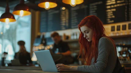 A young woman with red hair working on a laptop in a cozy cafe with warm lighting.