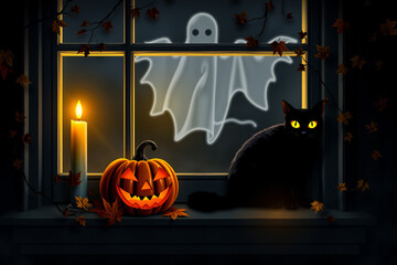 Black Cat and Jack-o'-Lantern for Halloween - Spooky Window Scene with a Ghost.generative AI