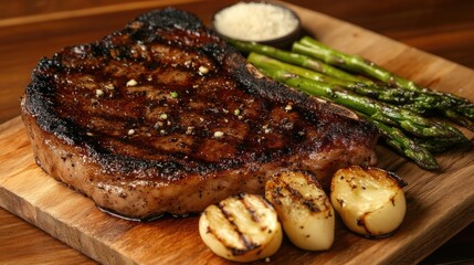 A thick cut of steak cooked to medium-rare perfection, served on a rustic board with a side of grilled asparagus and garlic cloves