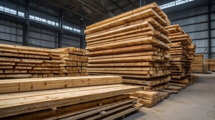 A close-up view of wooden planks in a warehouse, showcasing the natural beauty and texture of the wood