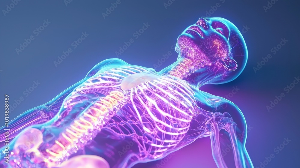 Poster neon light render of the human body exploring the rule of t in digital art