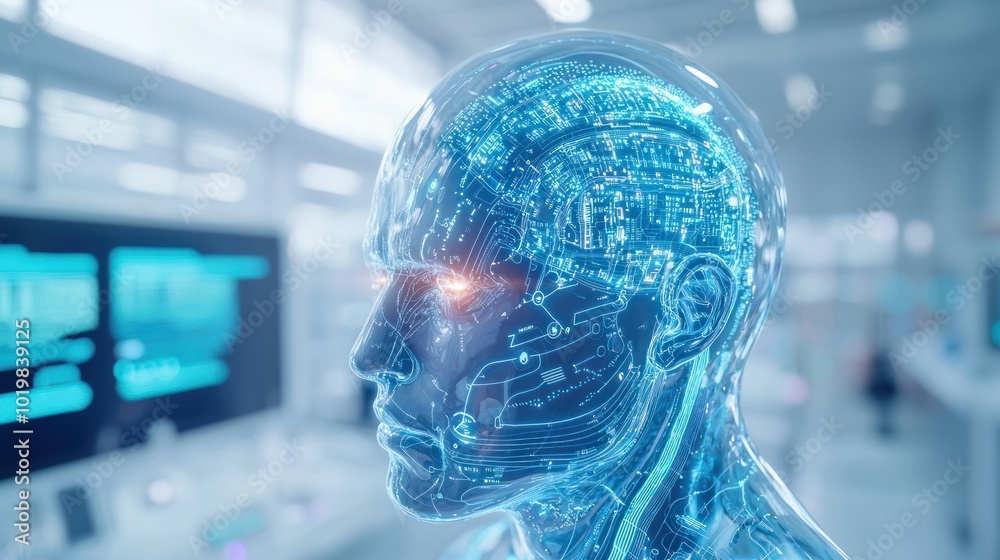 Poster Exploring Biomechanical Humanoids The Art of Luminous Circuitry Patterns