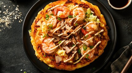 A top-down view of a traditional okonomiyaki pancake topped with cabbage, shrimp, and pork, garnished with bonito flakes and drizzled with mayonnaise