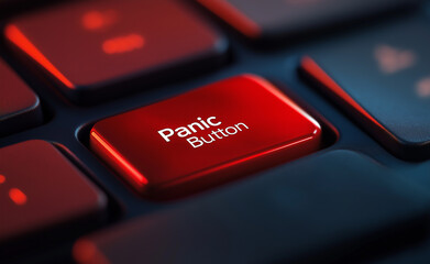 A glowing red panic button on a dark keyboard, symbolizing emergency or urgency.
