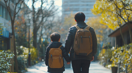 parent and elementary school student walk hand-in-hand, symbolizing love and support. The warm sunlight casts a gentle glow, highlighting their bond and the journey of learning and growth ahead