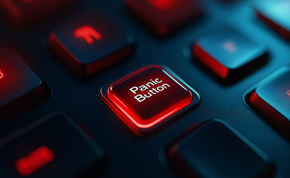 A glowing red panic button on a dark keyboard, symbolizing emergency or urgency.