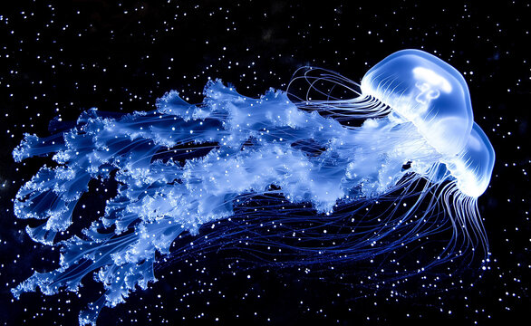 Glowing jellyfish with vibrant blue light in a dark underwater environment.