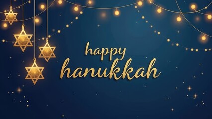 Happy Hanukkah greeting card, festive illustration with glowing star decorations, holiday lights and blue background, Jewish celebration concept