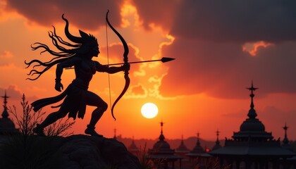 Stunning Dussehra Sunset Background with Silhouetted Ravana Effigy Being Struck by Arrows in a Dramatic Scene