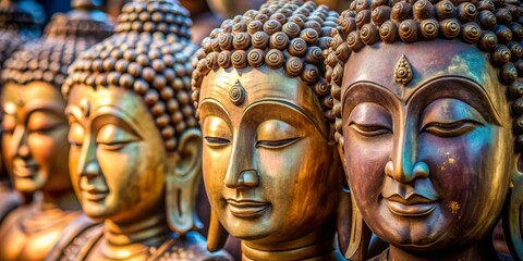 Obraz premium Close up of serene Buddha heads in various sizes and materials, meditation, spirituality, zen, peaceful, statue, traditional