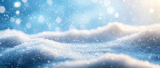 Serene winter snow background with snowdrifts and sparkling snowflakes against a blue sky, featuring beautiful bokeh circles and ample copy space in banner format