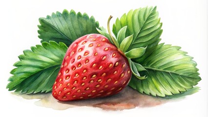 Watercolor of a ripe strawberry with green leaves on a background, watercolor, strawberry, fruit, red, juicy, fresh, ripe