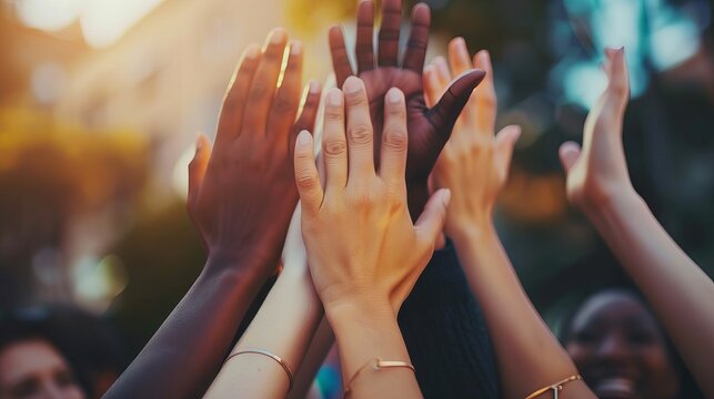 Diverse group of hands giving a high five symbolizing teamwork, collaboration, and unity in a multicultural volunteer or business success environment.