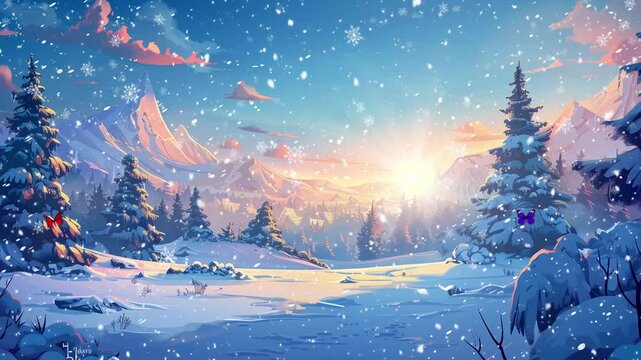 cartoon winter wonderland aesthetic and bright anime style seamless looping overlay 4k virtual video animation background
