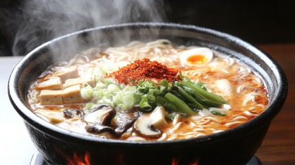 Close-up of a steaming bowl of ramen with miso broth, tofu, mushrooms, and bok choy, garnished with chili flakes and green onions